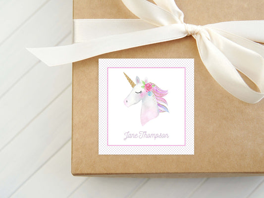 Personalized Watercolor Unicorn Calling Card, Girl Enclosure Card, Kid Colorful Square Gift Tag
