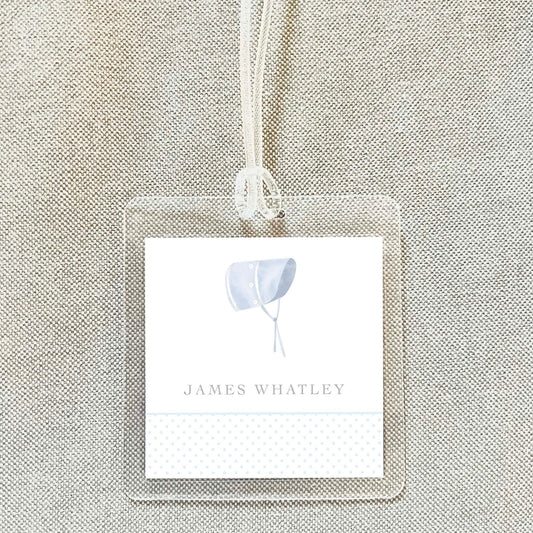 Personalized Watercolor Bonnet Boy Bag Tag, Laminated Monogram Luggage Tag, Diaper Bag