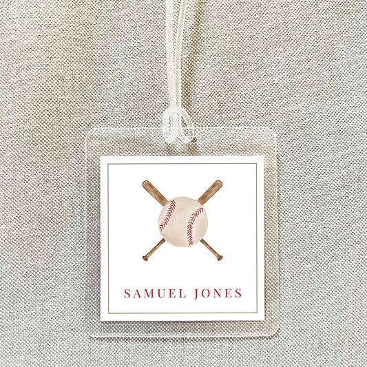 Personalized Watercolor Baseball Bag Tag, Laminated Boy Luggage Tag, Diaper Bag Tag