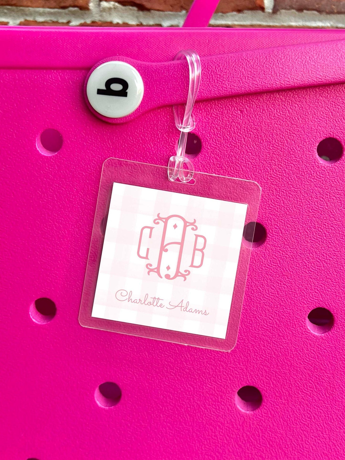 Personalized Pink Monogram Gingham Bag Tag, Laminated Square Girl Luggage Tag, Diaper Bag Tag