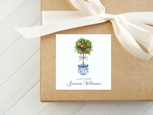 Personalized Watercolor Orange Topiary Calling Card, Women Bow Enclosure Card, Girl Gift Tag