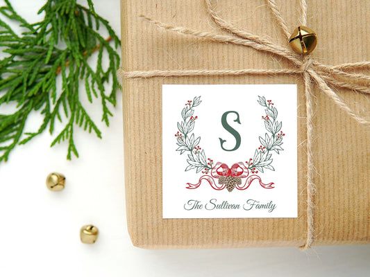 Personalized Watercolor Christmas Calling Card or Sticker | Wreath Enclosure Card | Family Square Gift Tag and Stickers