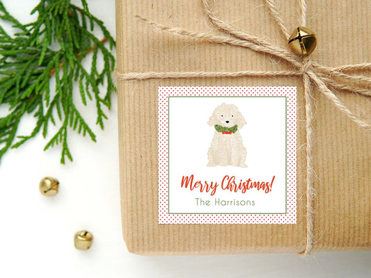 Personalized Watercolor Christmas Calling Card or Sticker | Dog Enclosure Card | Family Holiday Square Gift Tag and Stickers