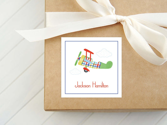 Personalized Watercolor Airplane Calling Card, Boy Enclosure Card, Square Gift Tag