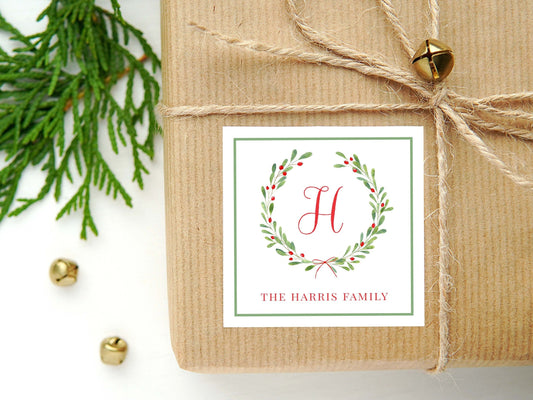 Personalized Watercolor Christmas Calling Card or Sticker | Holly Wreath Enclosure Card | Family Initial Square Gift Tag and Stickers