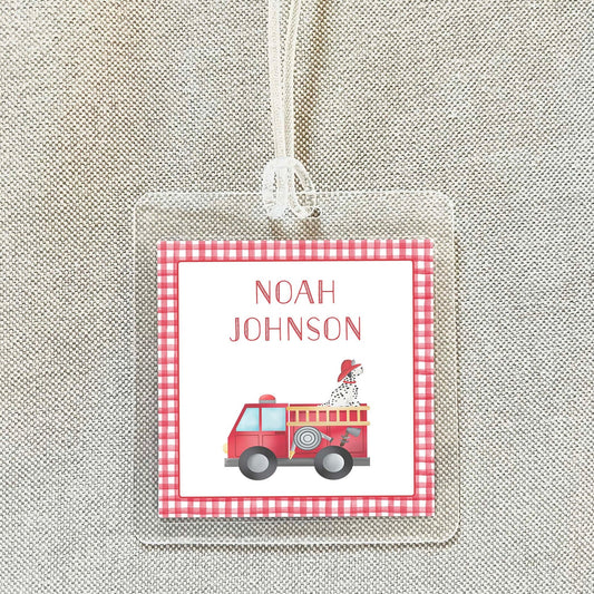Personalized Watercolor Firetruck Bag Tag, Laminated Boy Luggage Tag, Diaper Bag Tag