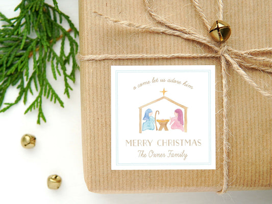 Personalized Watercolor Basic Nativity Calling Card or Sticker | Nativity Enclosure Card | Family Square Gift Tag and Stickers