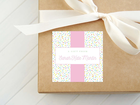 Personalized Pink Confetti Calling Card, Girl Enclosure Card, Colorful Kid Square Gift Tag