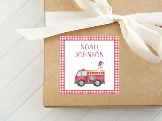 Personalized Firetruck Child Calling Card, Boy Enclosure Card, Square Gift Tag