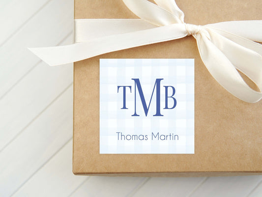 Personalized Watercolor Gingham Calling Card, Boy Blue Monogram Enclosure Card, Square Navy Gift Tag