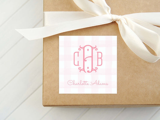 Personalized Pink Gingham Calling Card, Girl Enclosure Card, Kid Square Gift Tag