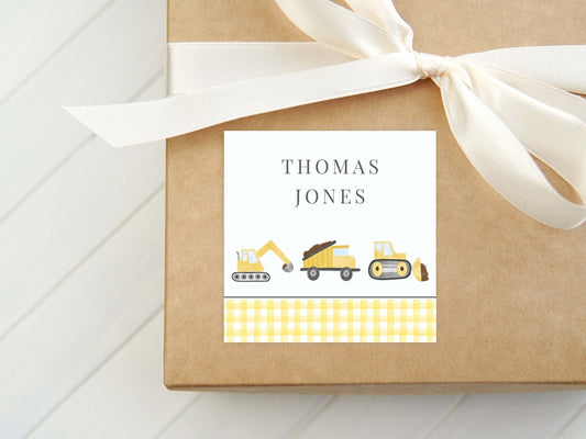 Personalized Watercolor Construction Calling Card, Boy Dump Truck Enclosure Card, Square Digger Gift Tag