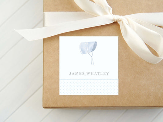 Personalized Watercolor Blue Baby Bonnet Calling Card, Boy Enclosure Card, Newborn Gift Tag
