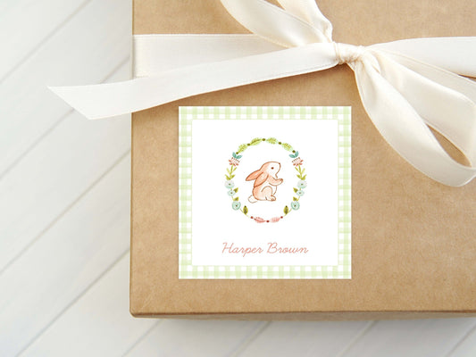 Personalized Bunny Wreath Calling Card, Girl Enclosure Card, Kid Rabbit Square Gift Tag