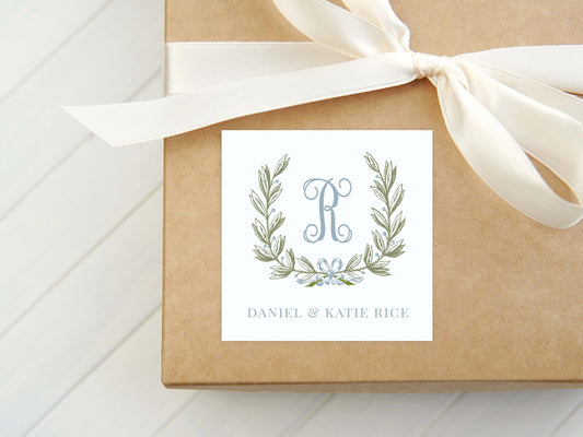 Personalized Laurel Wreath Calling Card, Blue Bow Enclosure Card, Women, Monogram Family Gift Tag