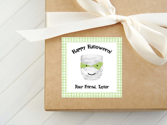 Personalized Watercolor Mummy Gift Tag, Boy Halloween Enclosure Card, Square Calling Card