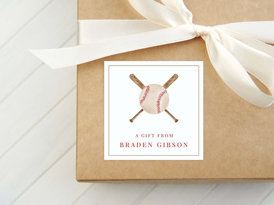 Personalized Watercolor Baseball Calling Card, Boy Ball Bat Enclosure Card, Square Sports Gift Tag