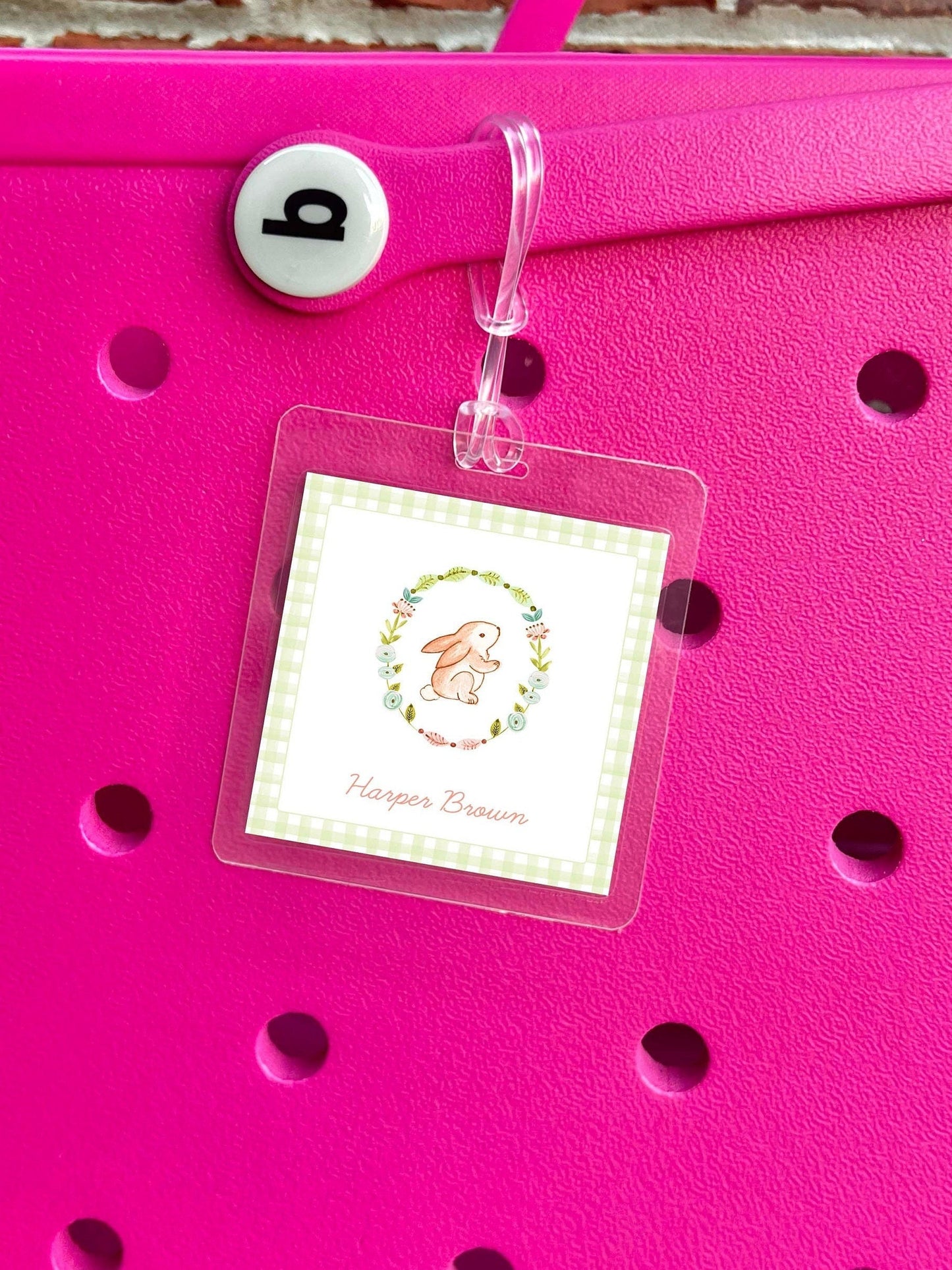 Personalized Bunny Wreath Bag Tag, Laminated Square Girl Rabbit Luggage Tag