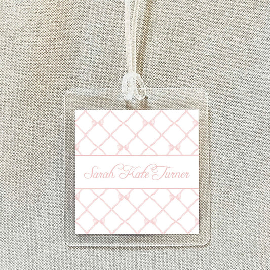 Personalized Pink Watercolor Bow Bag Tag, Laminated Square Girl Luggage Tag, Diaper Bag Tag