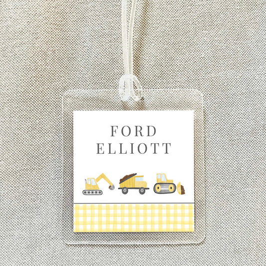 Personalized Watercolor Construction Bag Tag, Laminated Boy Luggage Tag, Diaper Bag Tag