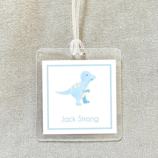 Personalized Watercolor Dinosaur Bag Tag, Laminated Boy Luggage Tag, Diaper Bag Tag