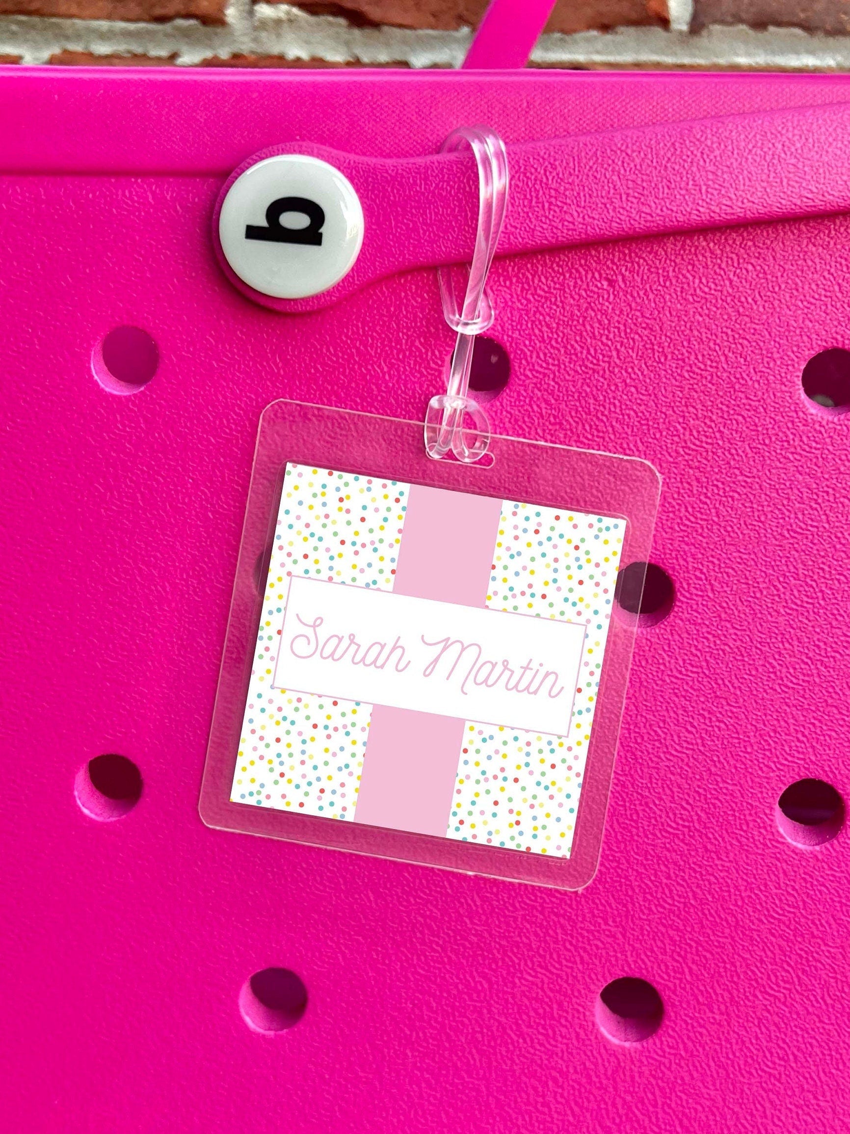 Personalized Pink Polka Dot Gingham Bag Tag, Laminated Square Girl Luggage Tag, Diaper Bag Tag