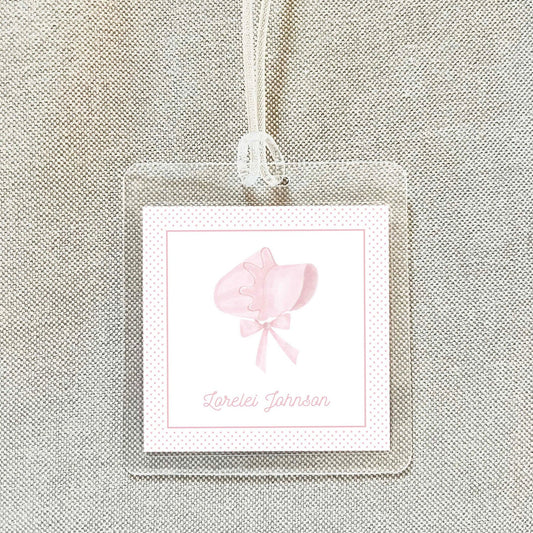 Personalized Pink Watercolor Bonnet Bag Tag, Laminated Square Girl Luggage Tag, Diaper Bag Tag