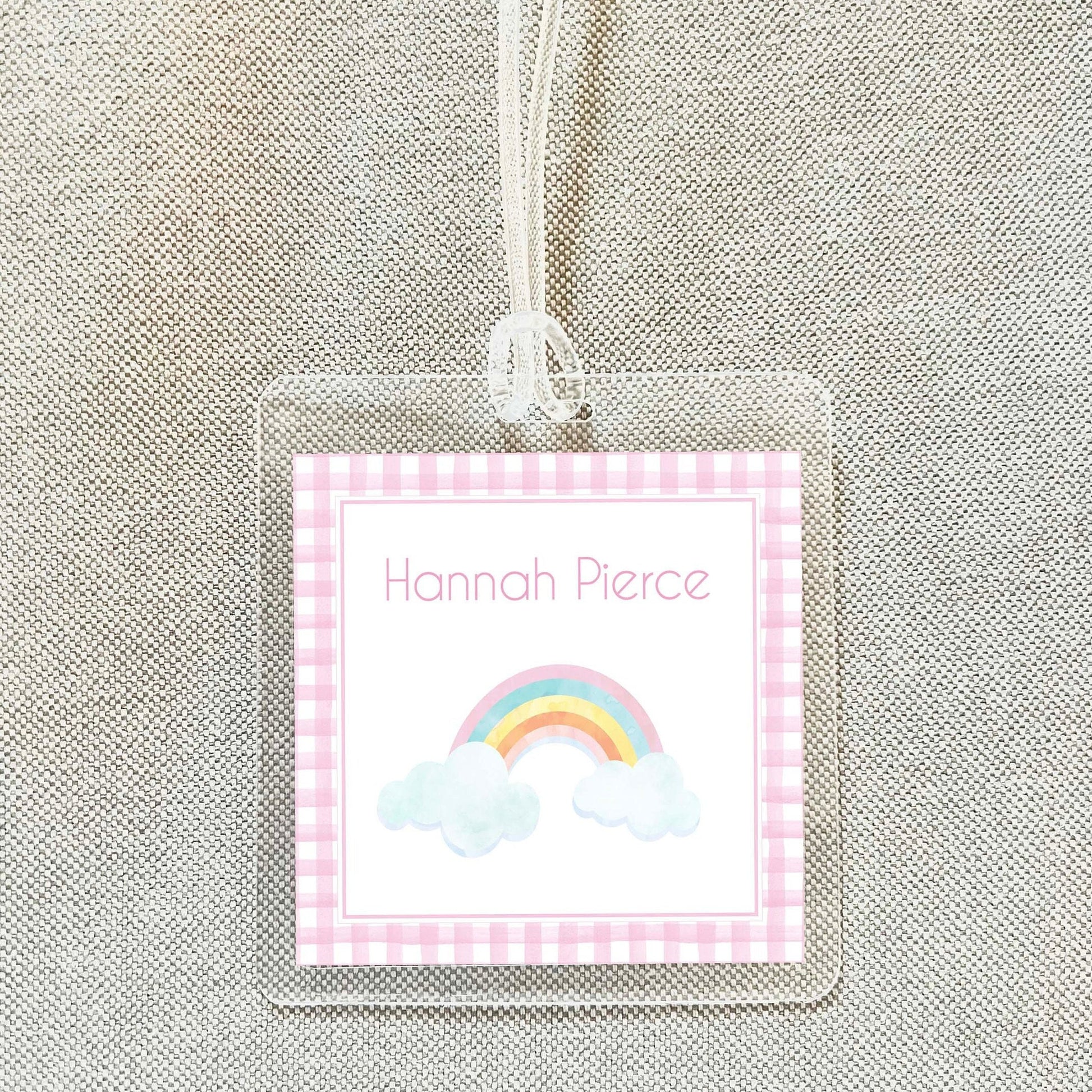 Personalized Pink Gingham Rainbow Bag Tag, Laminated Square Girl Luggage Tag, Diaper Bag Tag