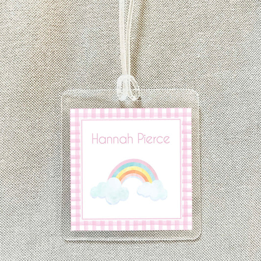 Personalized Pink Gingham Rainbow Bag Tag, Laminated Square Girl Luggage Tag, Diaper Bag Tag