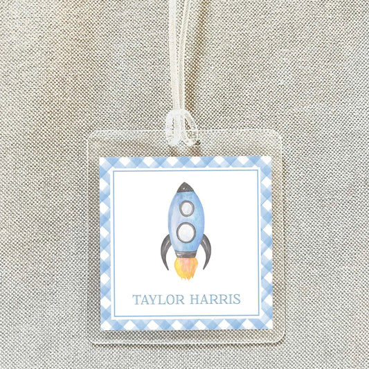 Personalized Watercolor Rocket Bag Tag, Laminated Boy Luggage Tag, Diaper Bag Tag