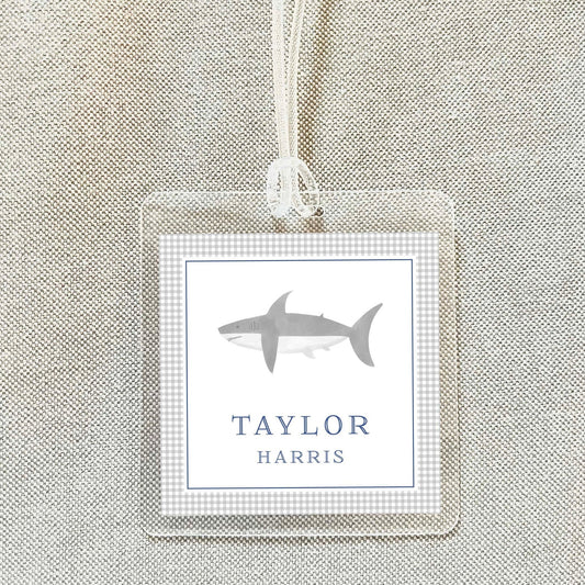 Personalized Watercolor Shark Bag Tag, Laminated Boy Luggage Tag, Diaper Bag Tag