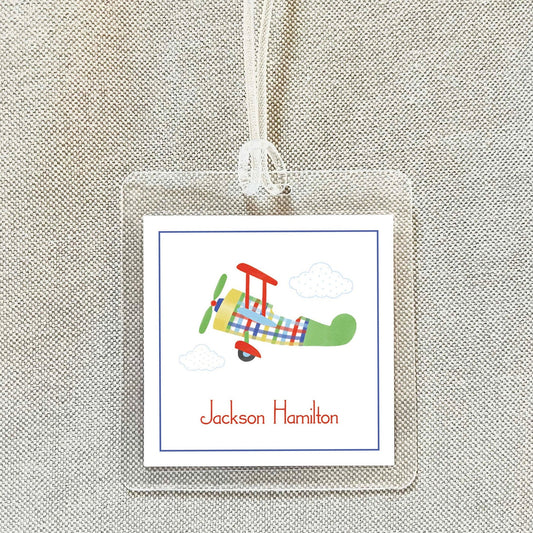 Personalized Watercolor Airplane Bag Tag, Laminated Boy Luggage Tag, Diaper Bag Tag