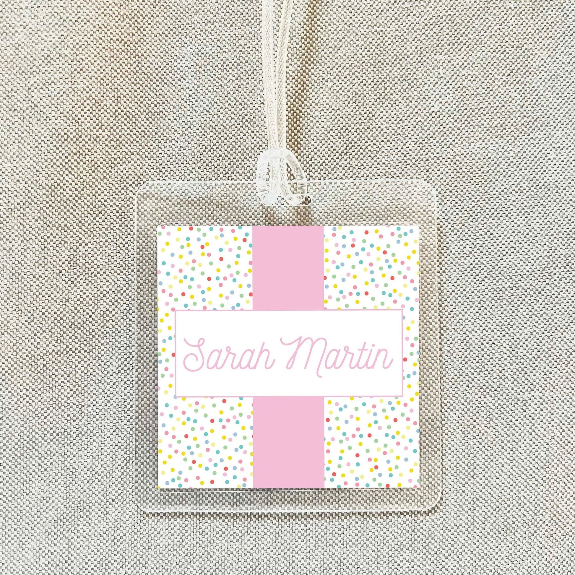 Personalized Pink Polka Dot Gingham Bag Tag, Laminated Square Girl Luggage Tag, Diaper Bag Tag