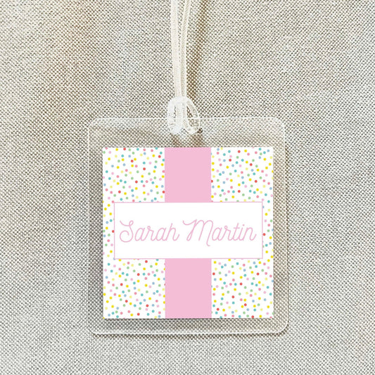 Personalized Pink Polka Dot Gingham Bag Tag, Laminated Square Girl Luggage Tag, Diaper Bag Tag