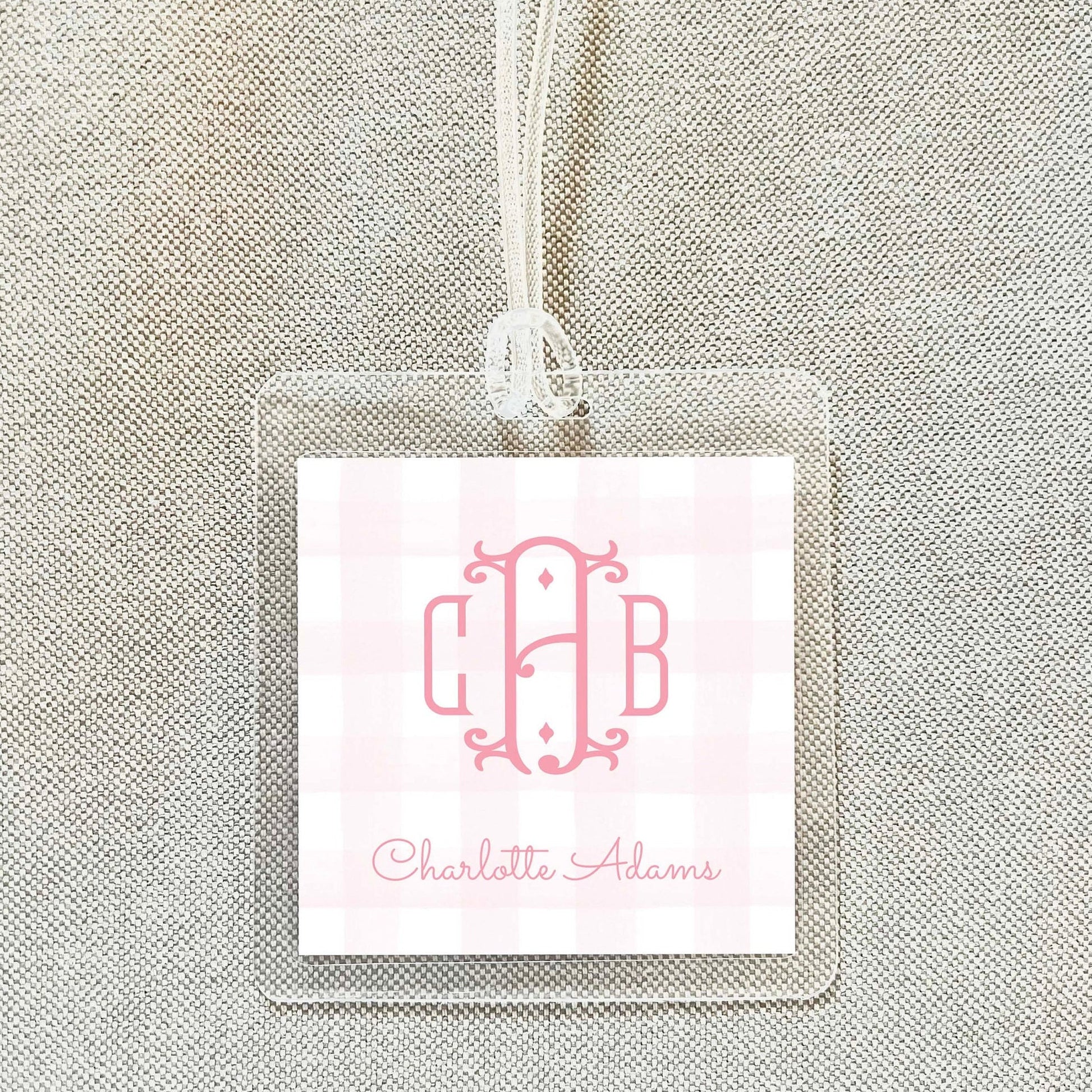 Personalized Pink Monogram Gingham Bag Tag, Laminated Square Girl Luggage Tag, Diaper Bag Tag