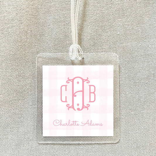 Personalized Pink Monogram Gingham Bag Tag, Laminated Square Girl Luggage Tag, Diaper Bag Tag