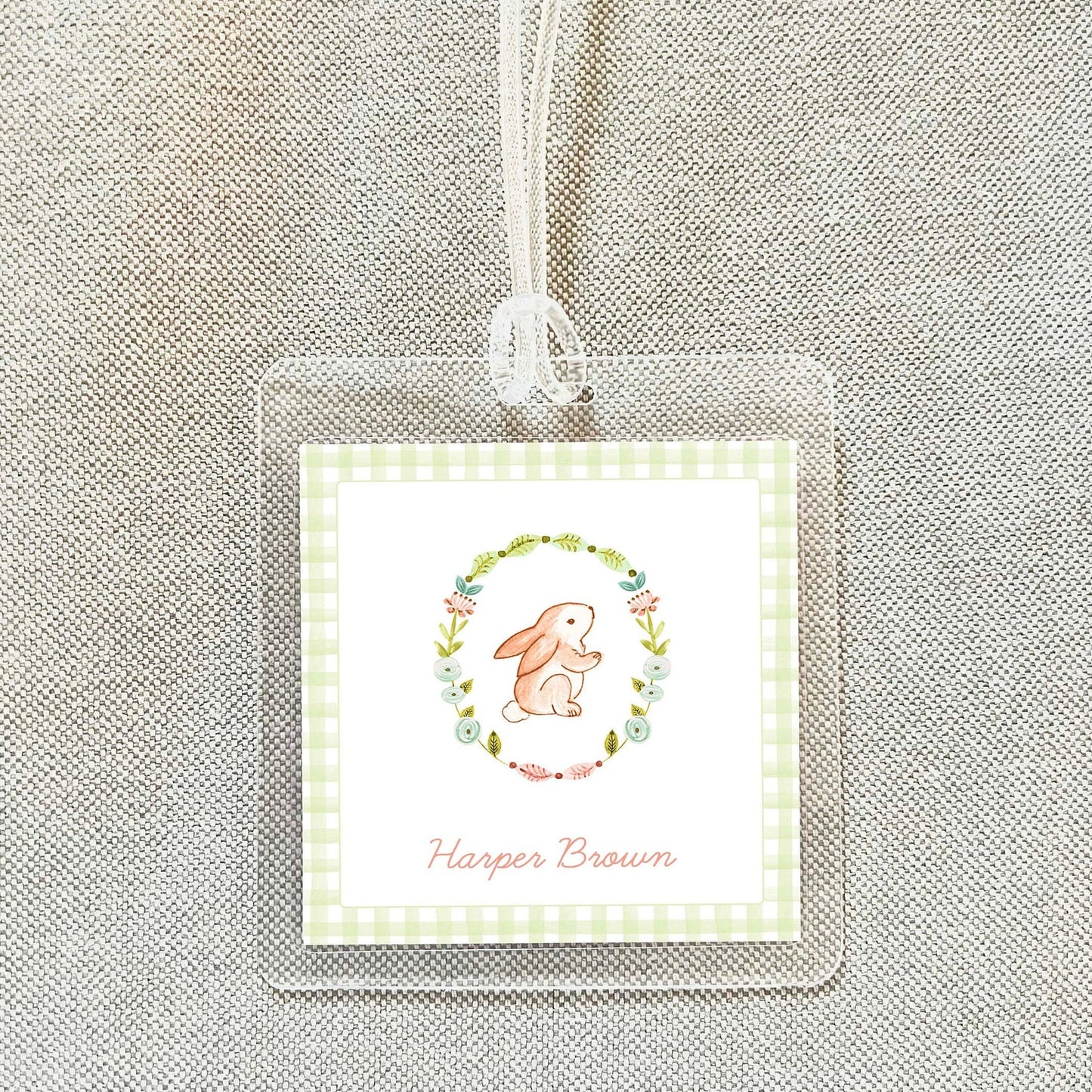 Personalized Bunny Wreath Bag Tag, Laminated Square Girl Rabbit Luggage Tag
