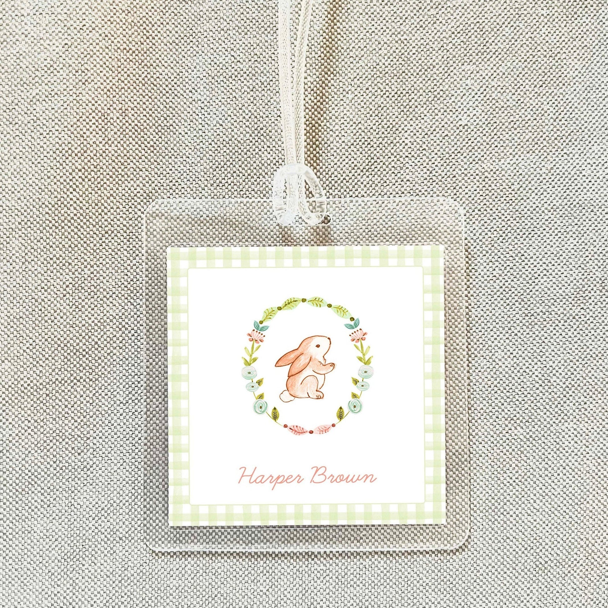 Personalized Bunny Wreath Bag Tag, Laminated Square Girl Rabbit Luggage Tag