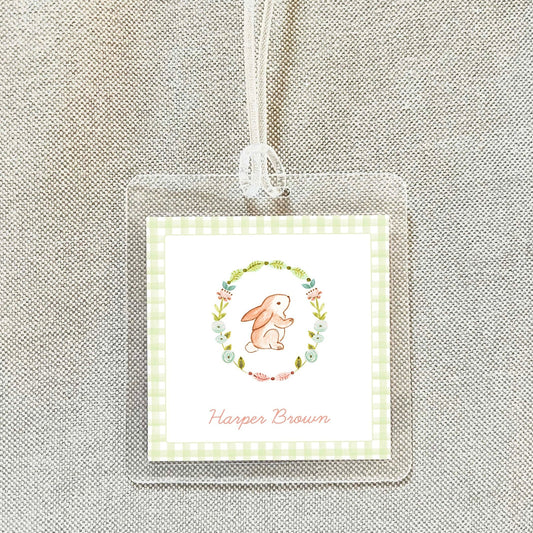 Personalized Bunny Wreath Bag Tag, Laminated Square Girl Rabbit Luggage Tag