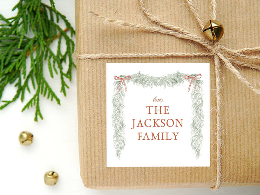 Personalized Watercolor Christmas Calling Card or Sticker | Garland Enclosure Card | Family Square Gift Tag and Stickers