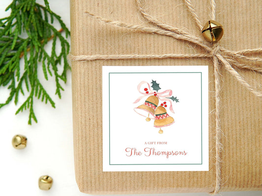 Personalized Watercolor Bells Calling Card or Sticker | Christmas Enclosure Card | Family Square Gift Tag and Stickers