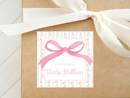 Personalized Floral Bow Calling Card, Girl Enclosure Card, Colorful Square Gift Tag