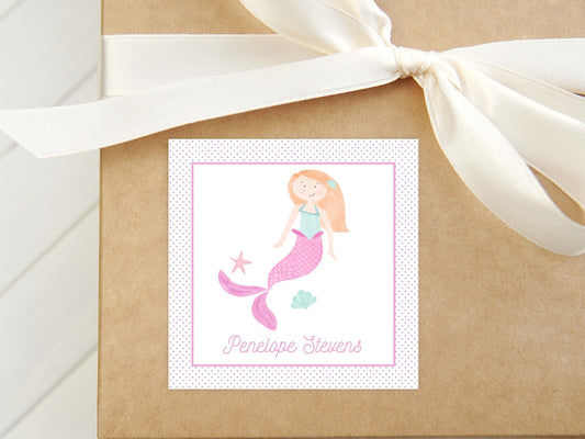 Personalized Watercolor Mermaid Calling Card, Girl Enclosure Card, Kid Square Gift Tag or Sticker