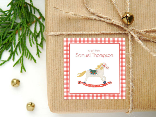 Personalized Watercolor Christmas Calling Card or Sticker | Rocking Horse Enclosure Card | Child Square Gift Tag and Stickers