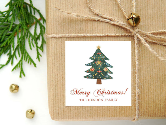 Personalized Watercolor Ornament Christmas Tree Calling Card or Sticker | Christmas Tree Enclosure Card | Family Square Gift Tag/Stickers