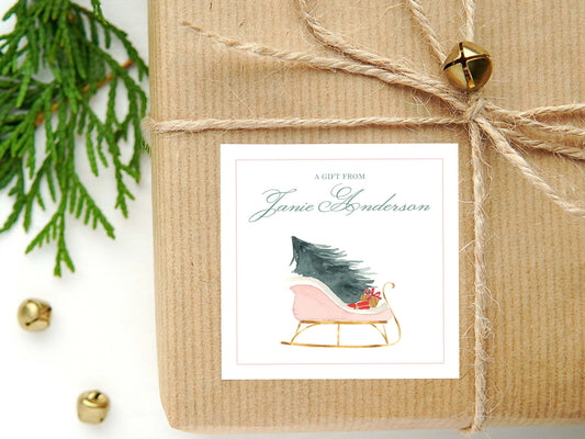 Personalized Watercolor Sleigh Calling Card or Sticker | Christmas Enclosure Card | Family Square Gift Tag and Stickers