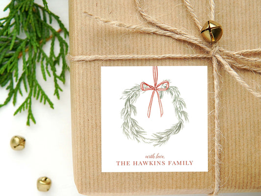 Personalized Watercolor Christmas Calling Card or Sticker | Wreath Bow With Love Enclosure Card | Family Initial Square Gift Tag and Sticker