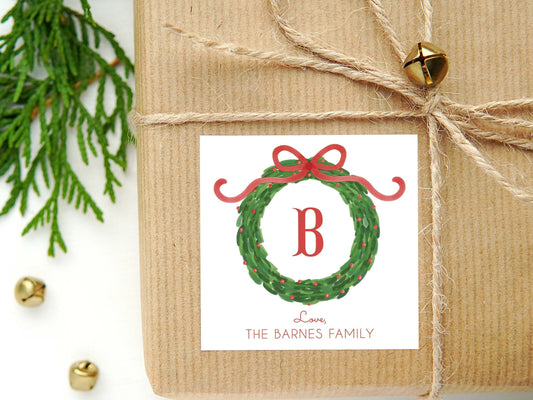 Personalized Watercolor Christmas Calling Card or Sticker | Initial Wreath Bow Enclosure Card | Family Initial Square Gift Tag and Stickers