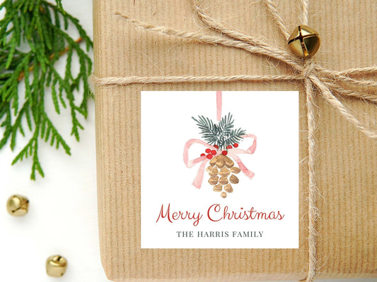 Personalized Watercolor Christmas Calling Card or Sticker | Pinecone Greenery Enclosure Card | Family Holiday Square Gift Tag and Stickers