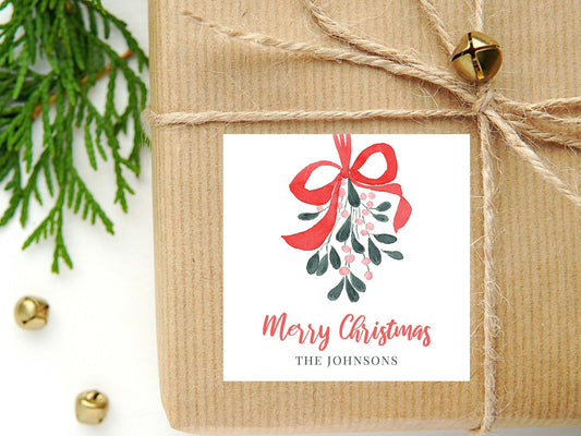 Personalized Watercolor Christmas Calling Card or Sticker | Mistletoe Enclosure Card | Pink Family Holiday Square Gift Tag and Stickers